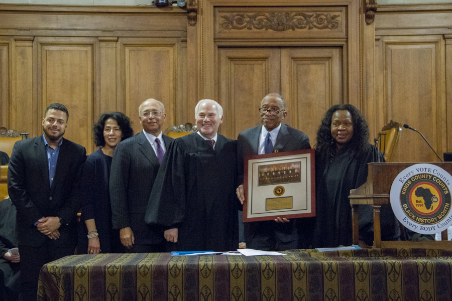 From left: Alex Lake, Gail Thompson-Lake, Hon. William C. Thompson, Jr., Presiding Justice Alan D. Scheinkman, Hon. Zachary W. Carter, Hon. Sylvia Hinds-Radix 