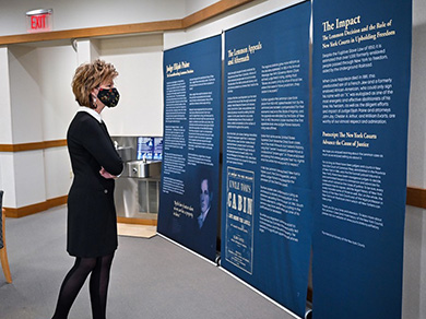 Hon. Anne E. Minihan, Administrative Judge of the Ninth Judicial District viewing the exhibit at the Putnam Supreme and County Courthouse in Carmel